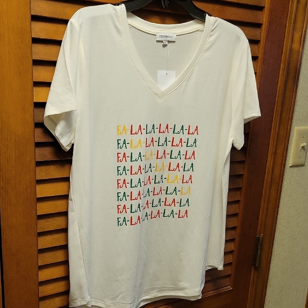 Freshman FA LA LA White Short Sleeve V Neck Tee Size XL